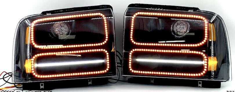 05-07 Ford Superduty Led Halo Outline Headlights Black Projector Retrofit Lights