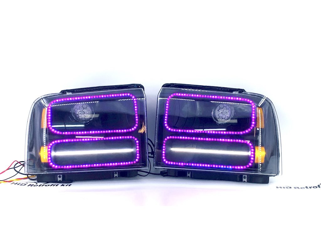 05-07 Ford Superduty Led Halo Outline Headlights Black Projector Retrofit Lights