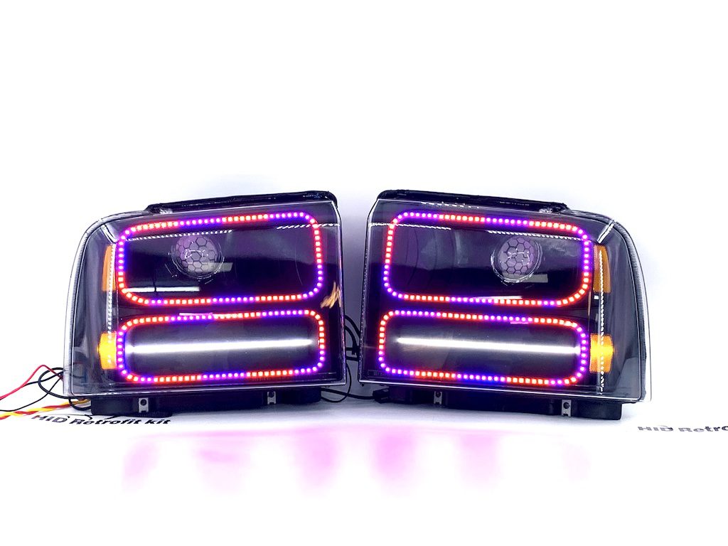 05-07 Ford Superduty Led Halo Outline Headlights Black Projector Retrofit Lights