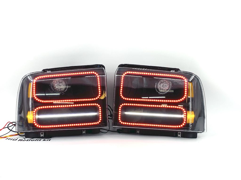 05-07 Ford Superduty Led Halo Outline Headlights Black Projector Retrofit Lights