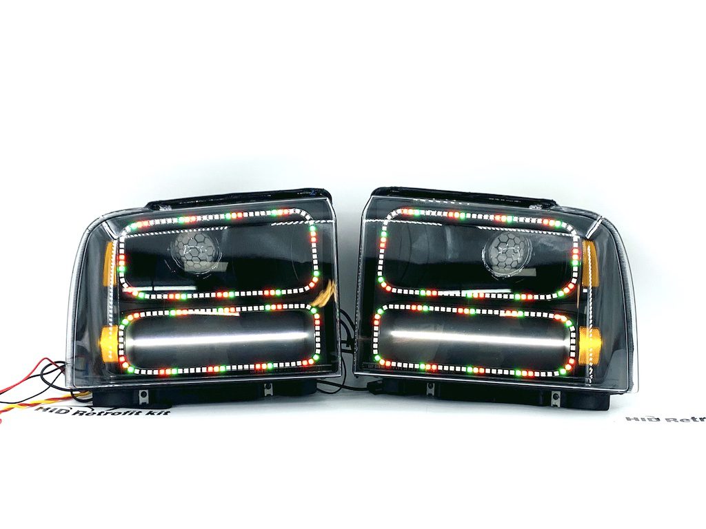 05-07 Ford Superduty Led Halo Outline Headlights Black Projector Retrofit Lights