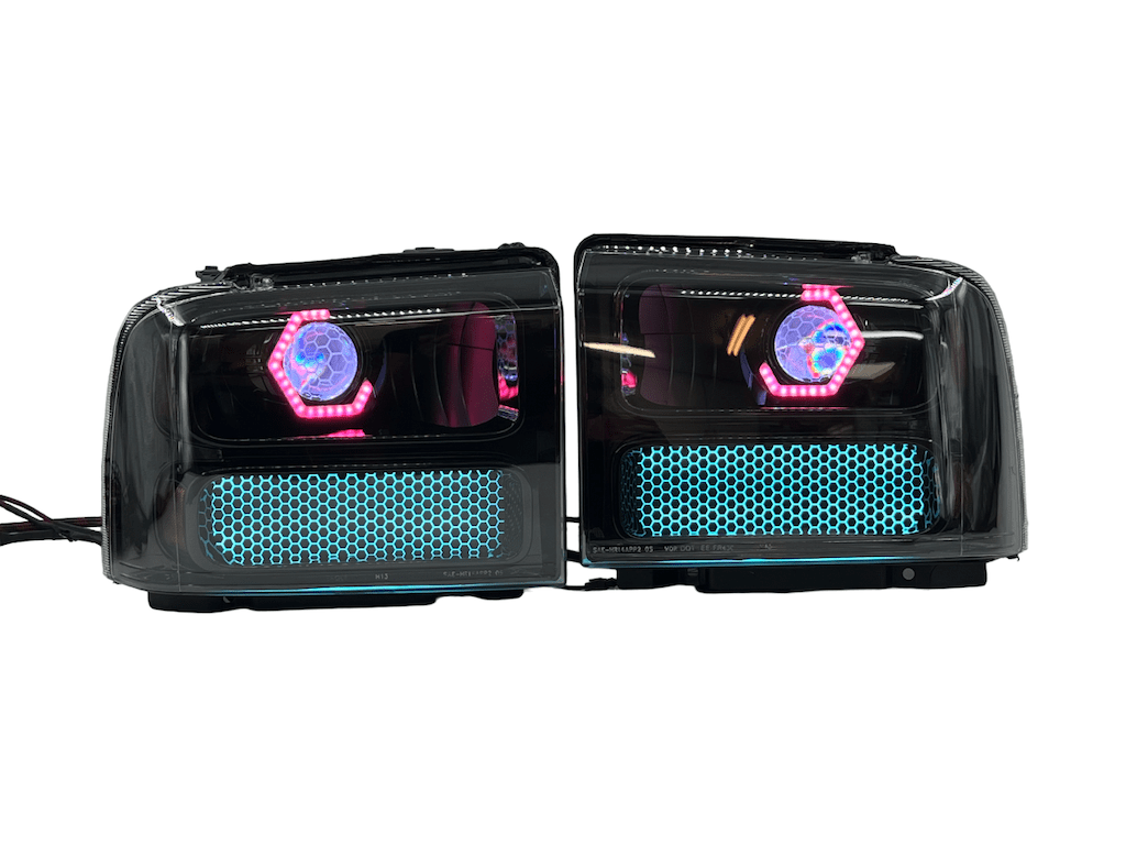 05-07 Ford Superduty RGBW Chasing Led Halo Gill Lights Retrofit Black Biled Projector Headlights