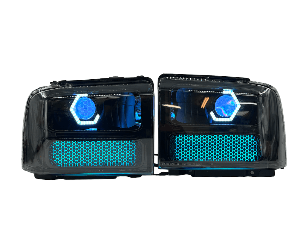 05-07 Ford Superduty RGBW Chasing Led Halo Gill Lights Retrofit Black Biled Projector Headlights