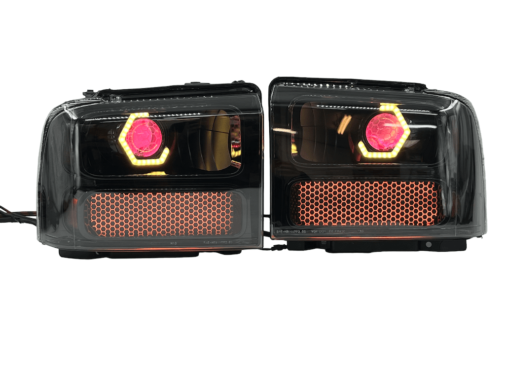 05-07 Ford Superduty RGBW Chasing Led Halo Gill Lights Retrofit Black Biled Projector Headlights