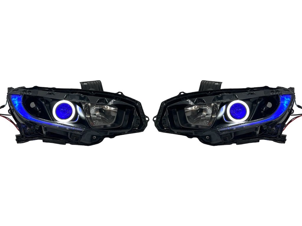 2016-2021 Honda Civic RGBW DRLS Led Halo Black Projector Headlights