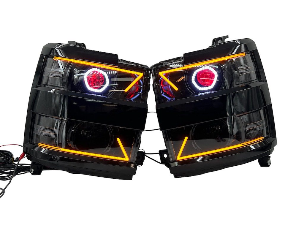 15-19 Chevry Silverado 2500 Angry Led Headlights RGBW Demon Lights Black Projector Lamps