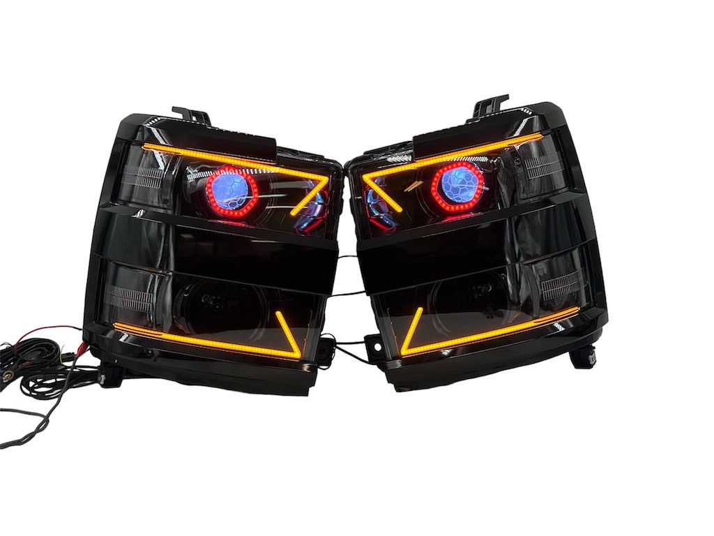15-19 Chevry Silverado 2500 Angry Led Headlights RGBW Demon Lights Black Projector Lamps