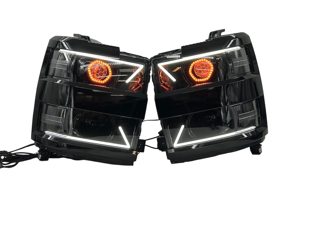 15-19 Chevry Silverado 2500 Angry Led Headlights RGBW Demon Lights Black Projector Lamps