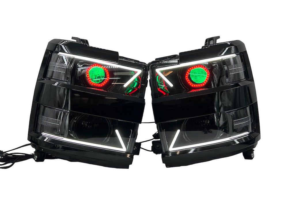 15-19 Chevry Silverado 2500 Angry Led Headlights RGBW Demon Lights Black Projector Lamps