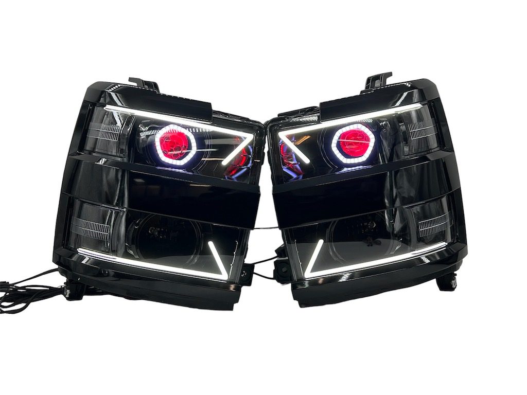 15-19 Chevry Silverado 2500 Angry Led Headlights RGBW Demon Lights Black Projector Lamps