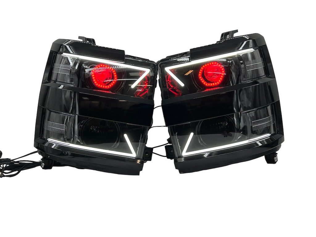 15-19 Chevry Silverado 2500 Angry Led Headlights RGBW Demon Lights Black Projector Lamps