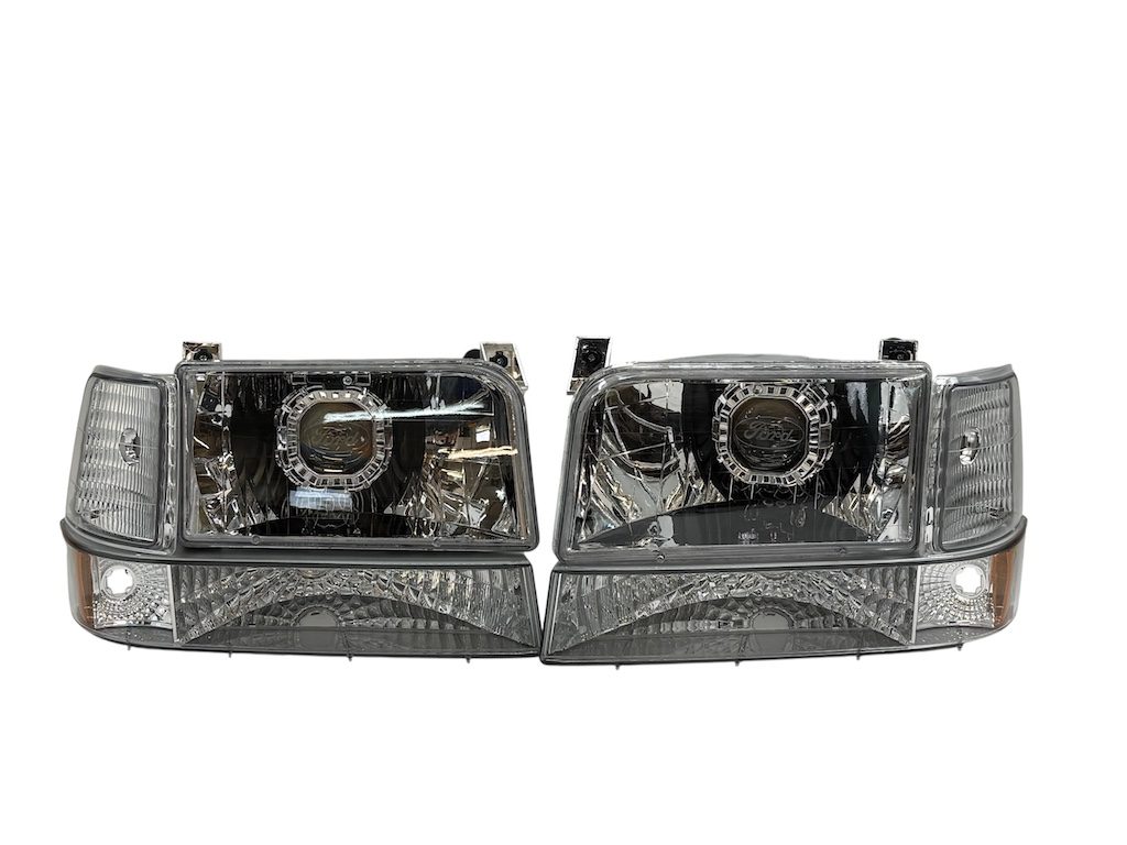 1992-1996 Ford F150 F250 F350 Bronco Headlights w/Corner Signal Bumper Lamps OBS Custom Retrofit Bi-LED Retrofit Projector Headlights OEM Style.