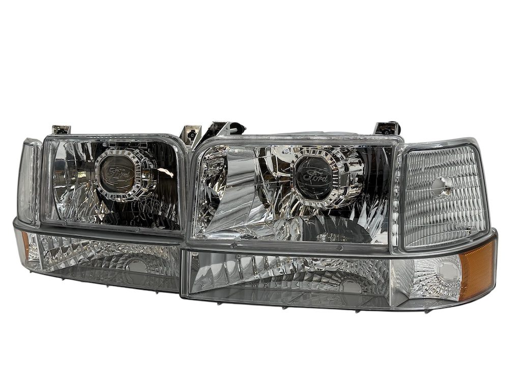 1992-1996 Ford F150 F250 F350 Bronco Headlights w/Corner Signal Bumper Lamps OBS Custom Retrofit Bi-LED Retrofit Projector Headlights OEM Style.