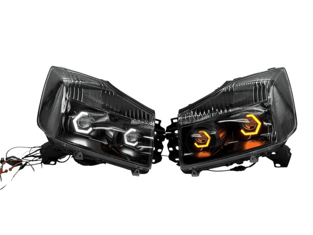 04-15 Nissan Titan / 04-15 Nissan Armada QUAD Bi-LED Projector LED Switchback Hex Halo Black Retrofit Custom Headlamps